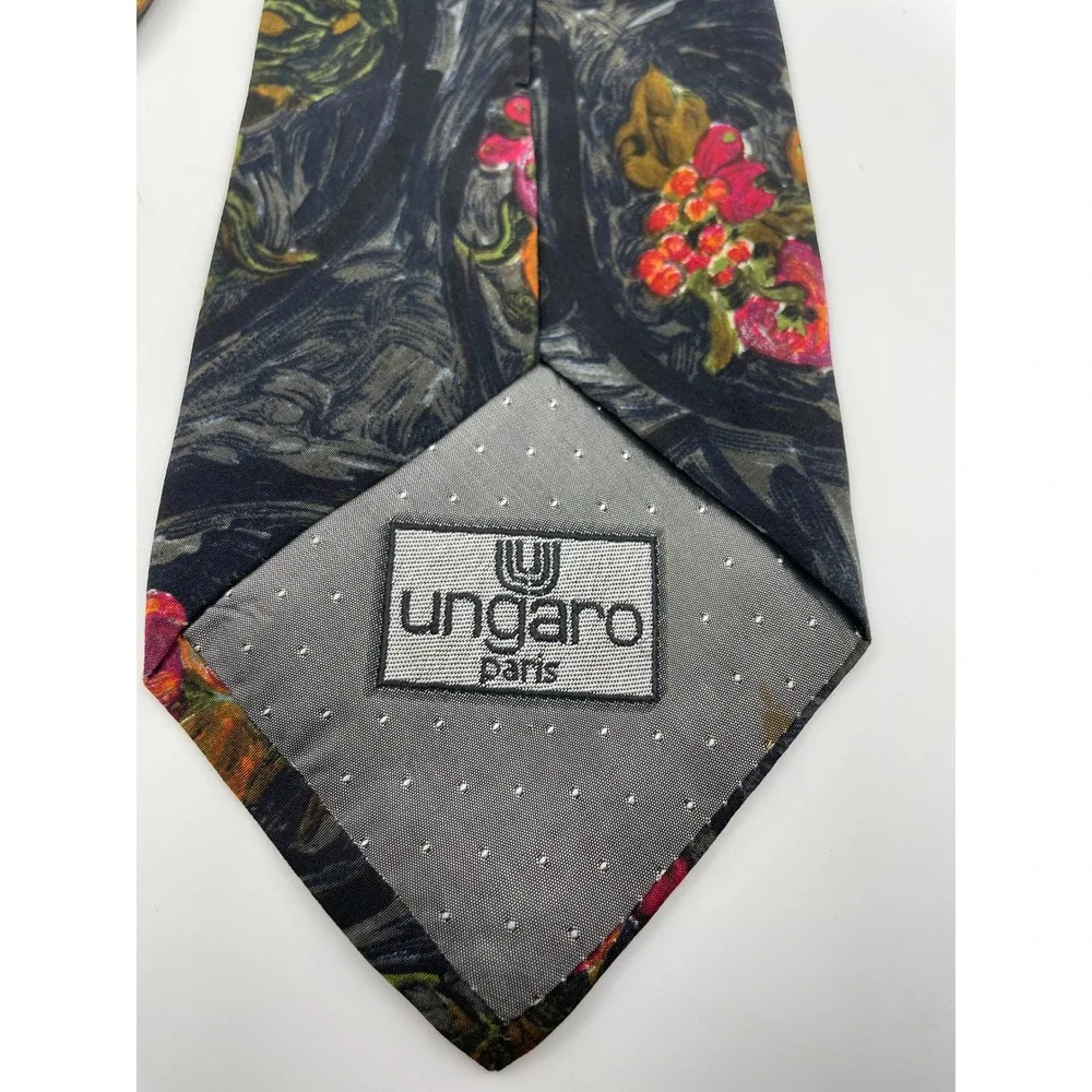 Ungaro Paris Mens Silk Tie Italy Fruit Floral Painterly Charcoal Multicolor